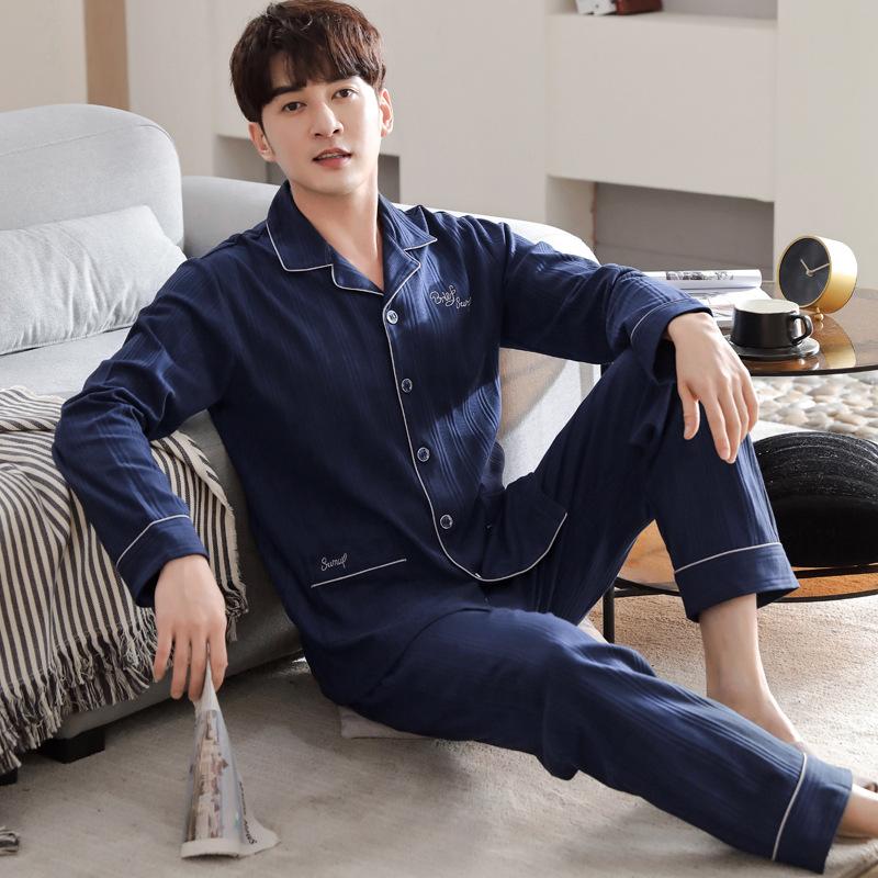 Pajamas Men'S Long-Sleeved Pure Cotton Spring And Autumn Men'S Cotton Loose Large Size Men'S Green, Medium Autumn And Winter Loungewear Set