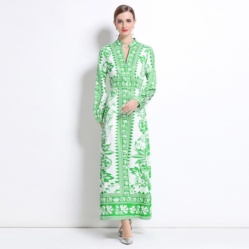 Spring Autumn Women Vintage Print Runway Dresses Full Sleeve Single Breasted Long Maxi Party Dress