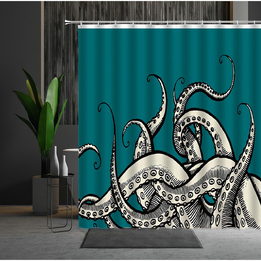 Funny Sea Monster Octopus Shower Curtain Marine Organism Tentacle Black And White Style Bath Curtains Bathroom Decor Fabric Hook