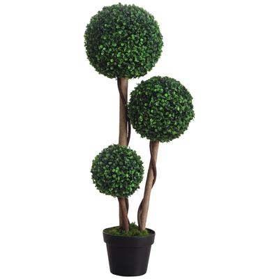 Decorative Artificial Tree Boxwood Ball Topiary Tree In Pot, Fake Plant for Home Indoor Outdoor Decor, 90 Cm, Dark Green