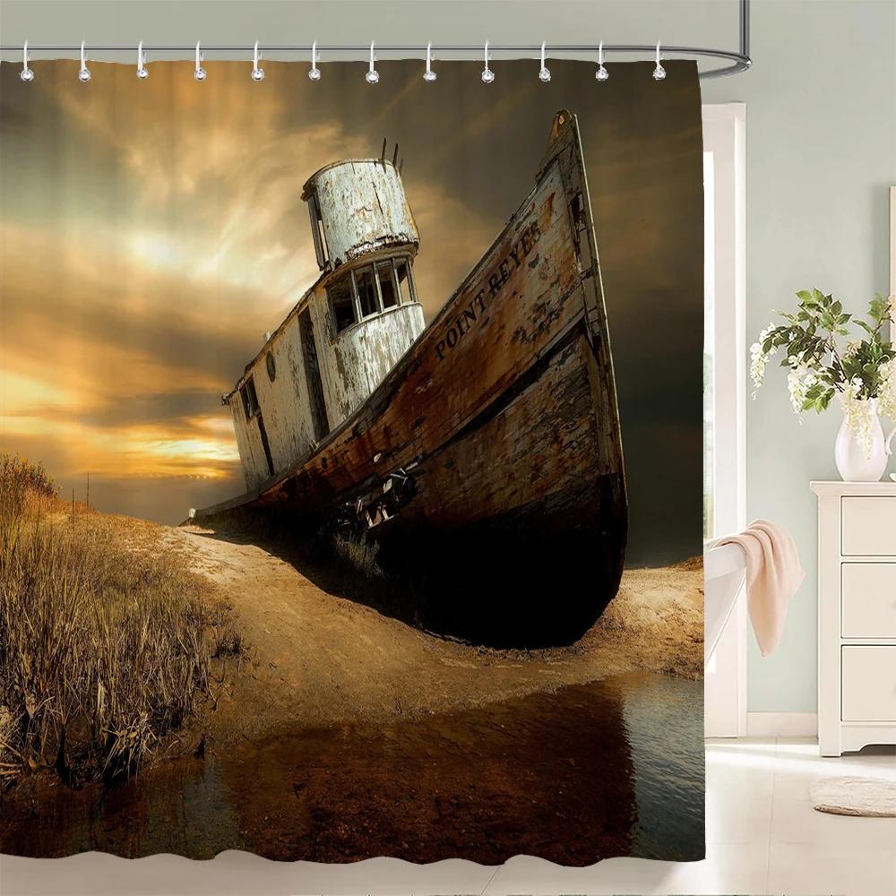 Old Pirate Ship Sea Shower Curtains 3D Printing Bath Curtain With 12 Hooks Bathroom Waterproof Polyester Cloth Bath Screen