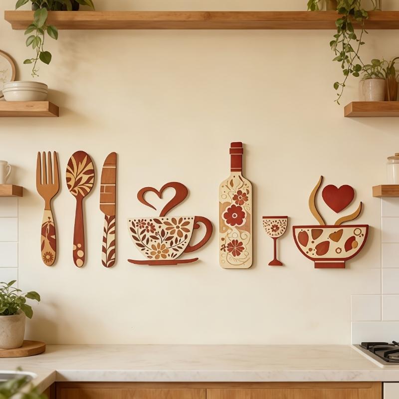 Ländliche Küchenwandaufkleber Dekorationen, Set aus 7 Holzutensilien Wandkunst Set mit handgefertigter Bemalung für die Essbereich Gestaltung