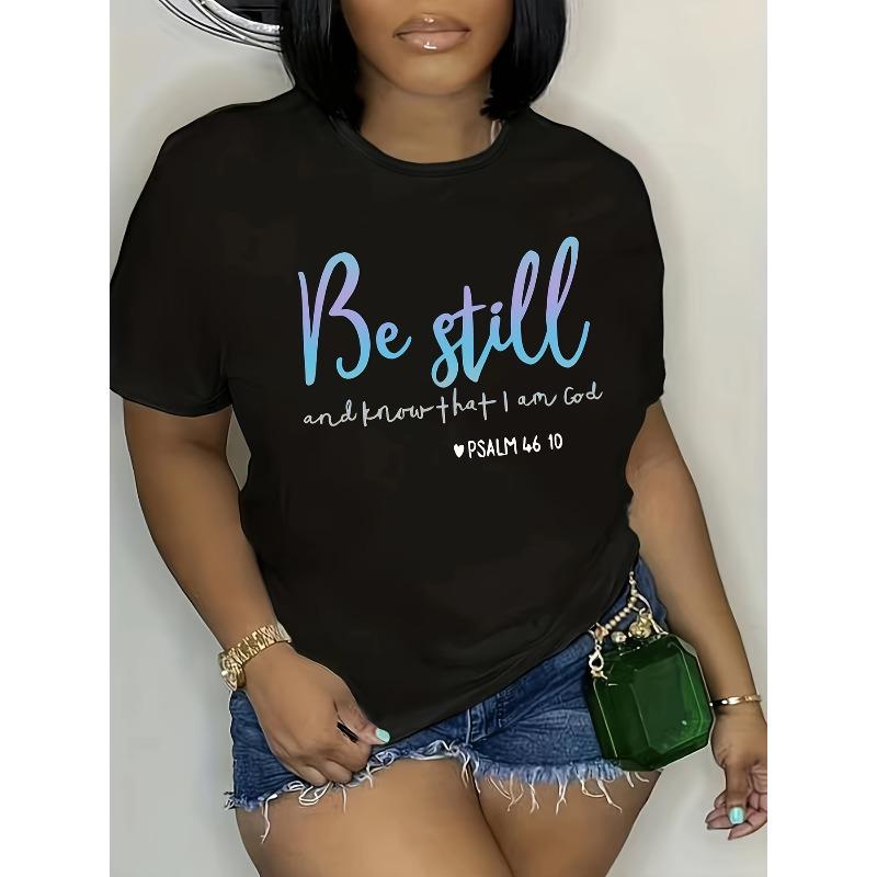Plus Size, Women's Fashion Plus-Size T-Shirt with Letter Print, Machine Washable