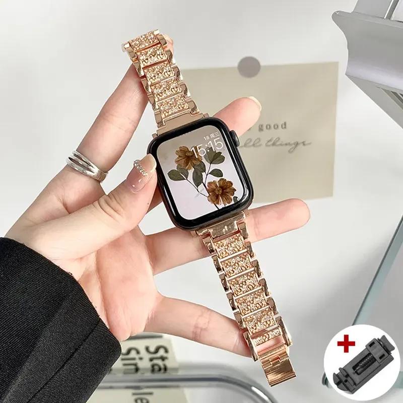 

Diamond Case+Strap For Apple Watch 11 10 9 8 7 42mm 46mm 45 41mm Ultra 3 49mm Stainless Steel Band for iwatch SE 6 40mm 44mm 38 Series 11 10 46mm рожевий колір золота