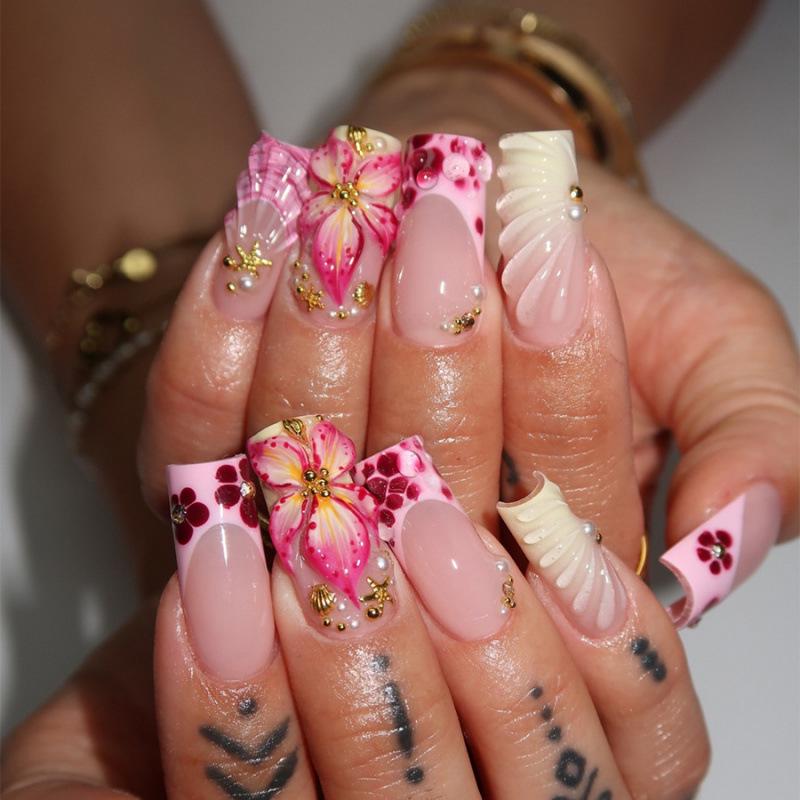 3D Floral Boutique Handmade Wearable Nails with Gem Accents