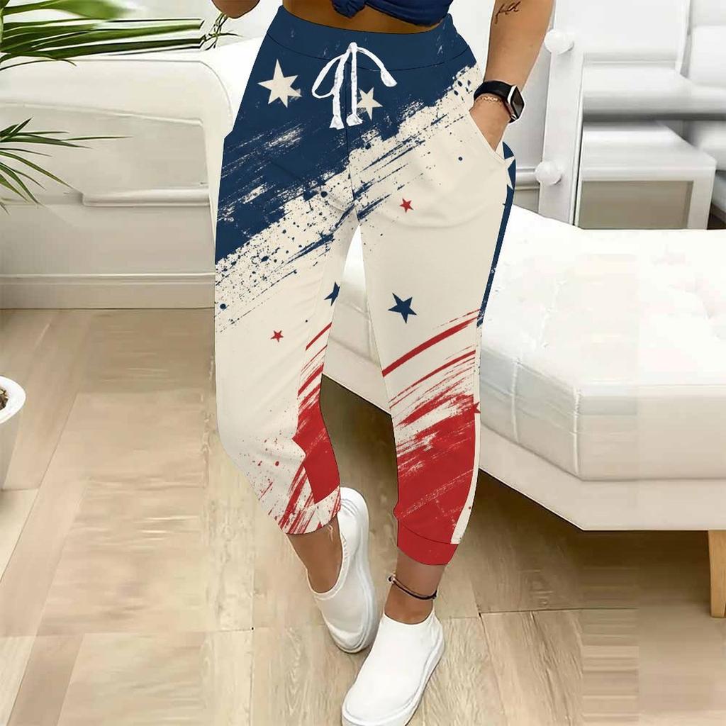 Women Plus Size Navy Blue Printed Jogger Pants Drawstring Waist Side Pockets Cuffed Ankle