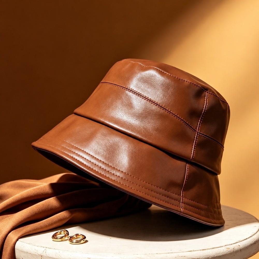Packable Wide Brim Hat Lightweight PU Leather Hat Fashion Sun Bucket Hat For Women