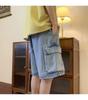 Blue Denim Shorts Men's Summer Thin Tooling Hong Kong Style Loose Big Pocket Washed Five-point Casual Pants