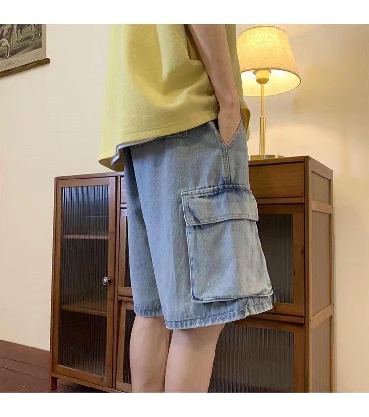 Blue Denim Shorts Men's Summer Thin Tooling Hong Kong Style Loose Big Pocket Washed Five-point Casual Pants