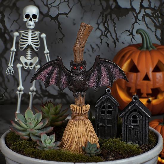Halloween Broom Bat Figurine Resin Bat with Red Eyes Tabletop Decoration for Indoor Outdoor Home Patio Decor