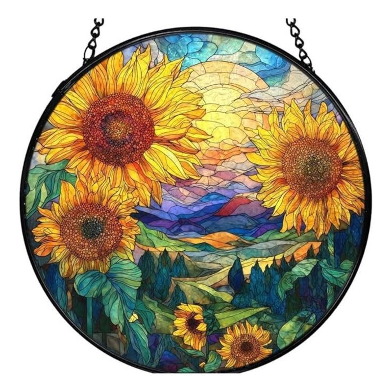 Stained Glass Sun Catcher Window Decors Window Display Glass Hanging Panel with Black Metal Frame, Stained Glass Accent with Chain for Home Accent Use