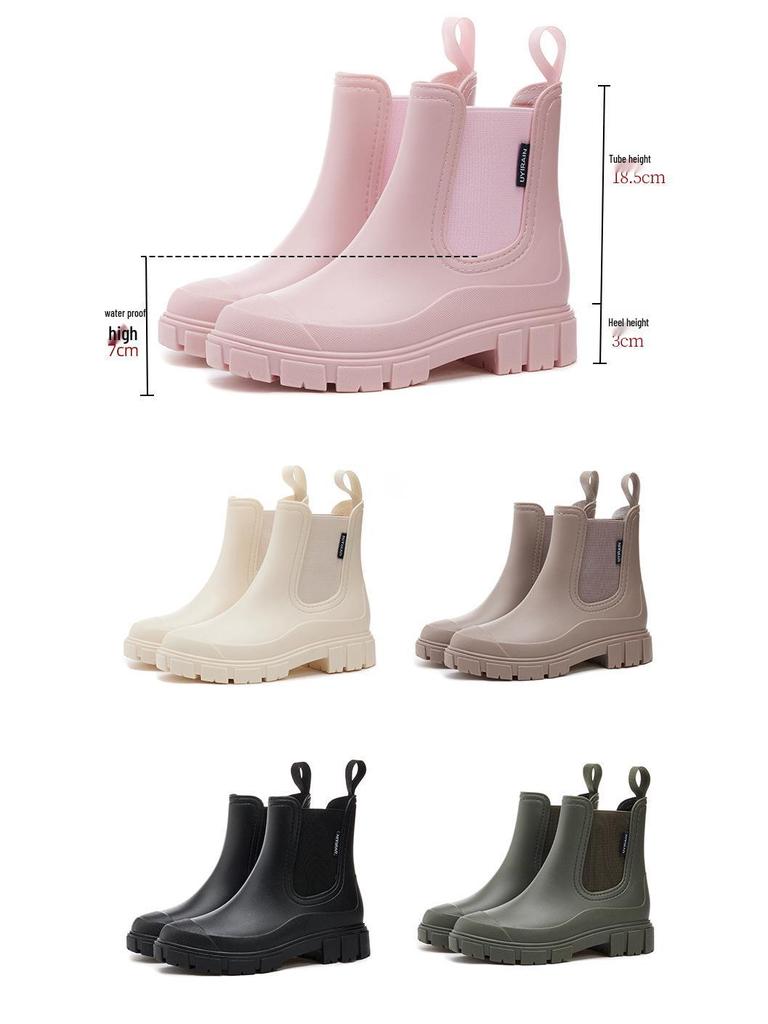 Women's Waterproof Non-Slip Rain Boots with Thick Soles and Mid-Low Shaft – Elastic Opening for Added Comfort.