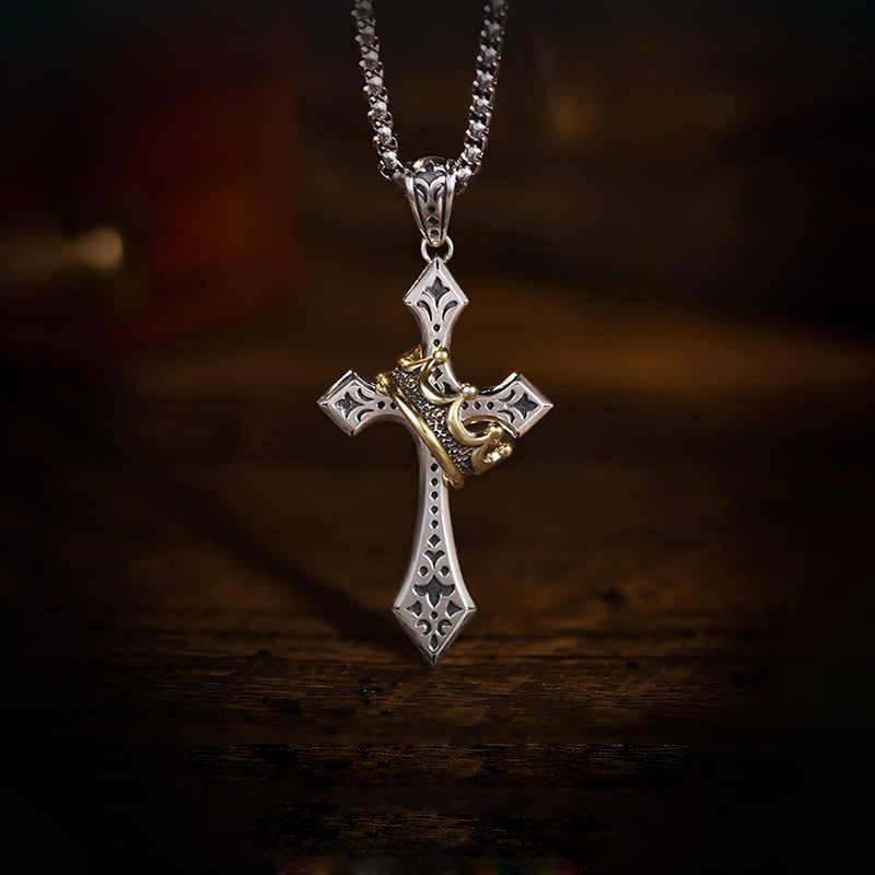 2026 Cross Necklace Men s Trend Personality Retro Thai Silver Niche Boys Pendant 60CM