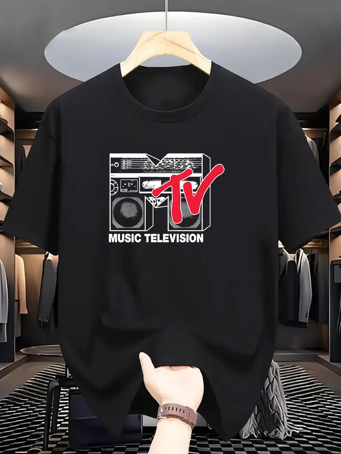 MTV Logo & Retro Boombox Graphic T-shirt - Navy Blue Casual Short Sleeve Tee XXL