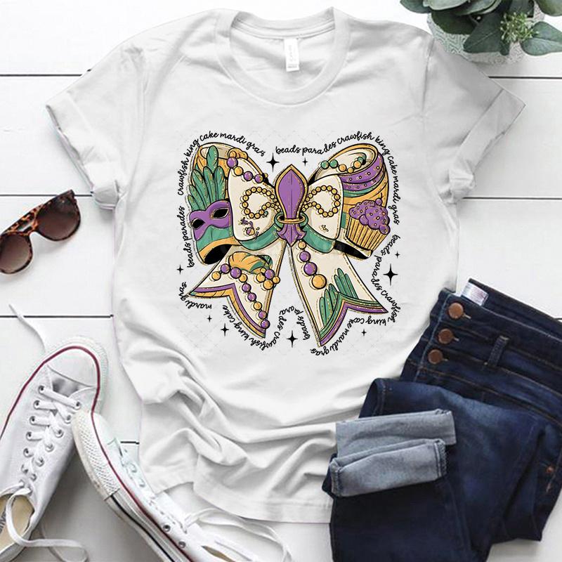 Mardi Gras Coquette Bow Design Tshirt Women Mardi Gras Vibes Vintage T Shirt Crew Neck Fat Tuesday Carnival Bow Shirt for Women S