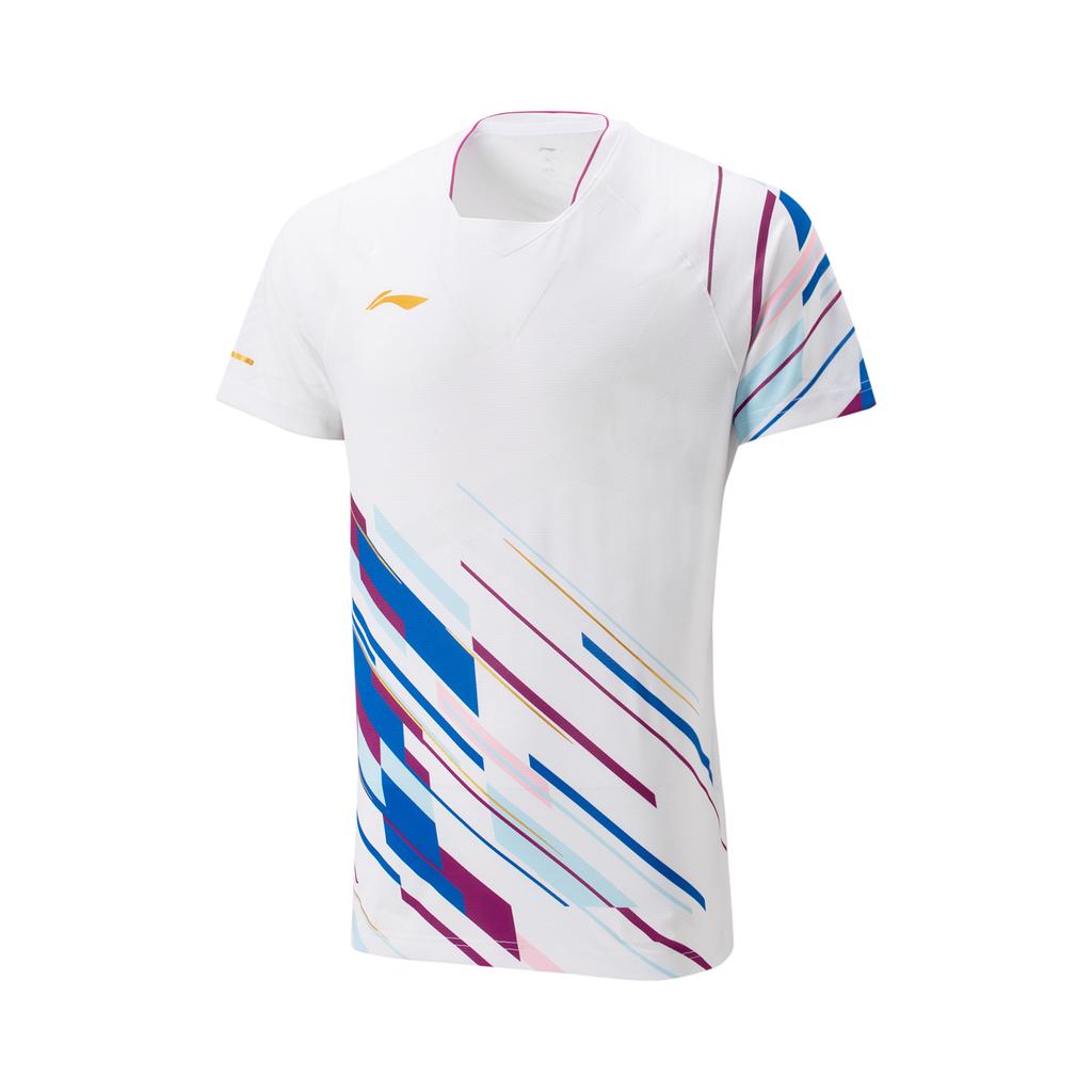 Li Ning Badminton Series V-Neck Pullover Comfortable Versatile Breathable Short Sleeve Badminton Shirt Unisex Tops Standard-White AAYU223-2