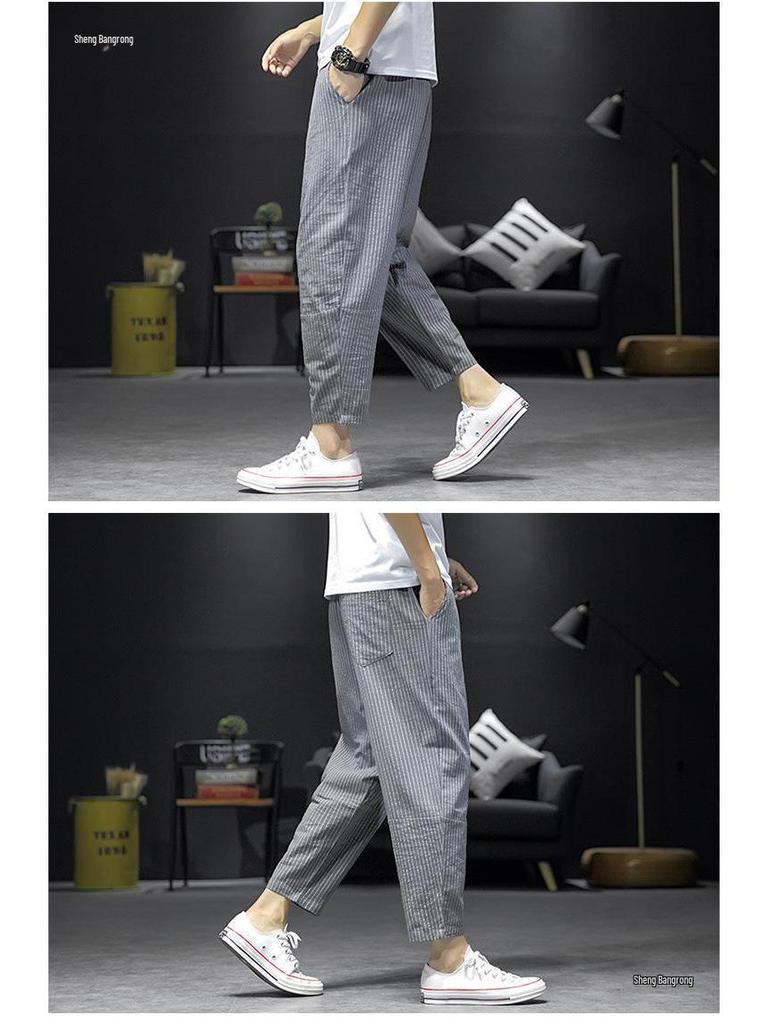 Męskie spodnie haremowe w paski: Młodzieżowy Trend Casual Szerokie Nogawki Długość 9/10