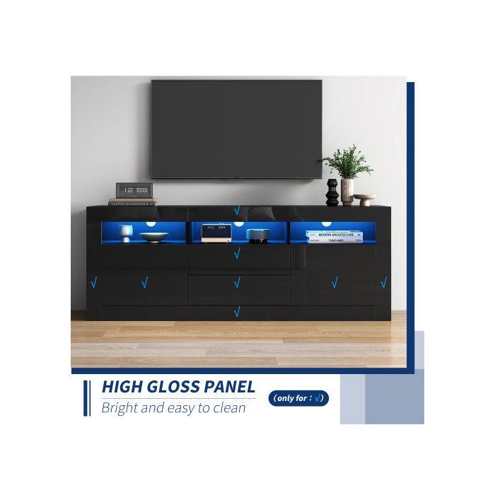 TV Stand - MUVOE - 160x35x60cm - Glossy - LED Lighting - 3 Open Compartments