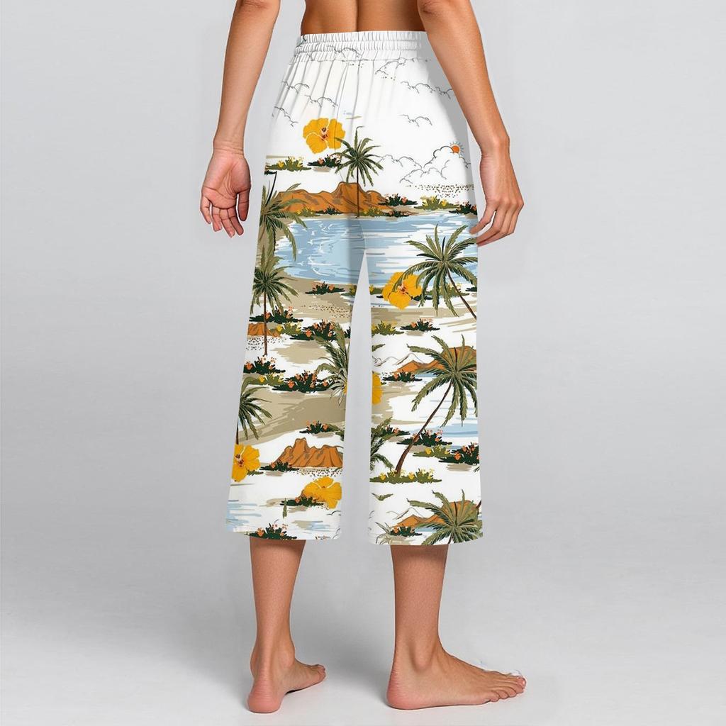 Damen Sommer Hohe Taille Bedruckte Freizeit-Sportbekleidung Lässige Cropped-Hose Weite Hose