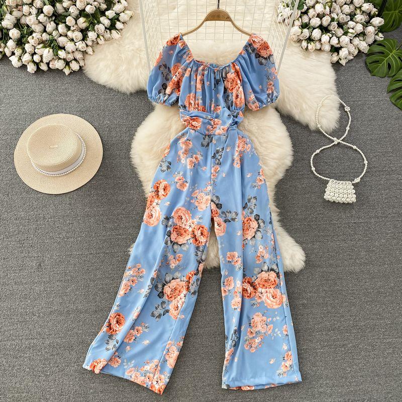 Seaside Holiday Ruched Square Collar High Waist Casual Short Sleeve