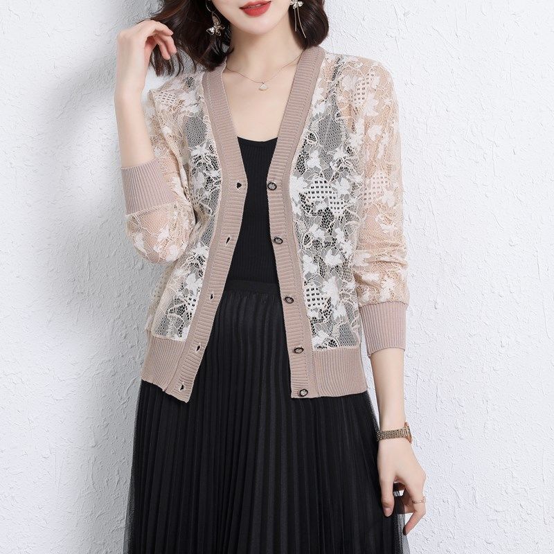 Summer Lace knitted Sunscreen Cardigan Jacket Women Fashion Mid-Aged Short Shawl Conditioning knitwear Shirt Coat Female