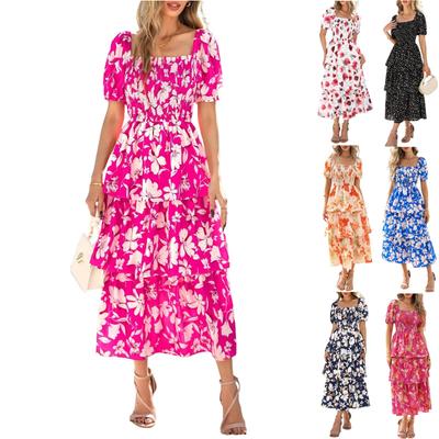 Damenmode, quadratischer Ausschnitt, kurzärmelig, tailliert, Blumendruck, langes Kuchenkleid