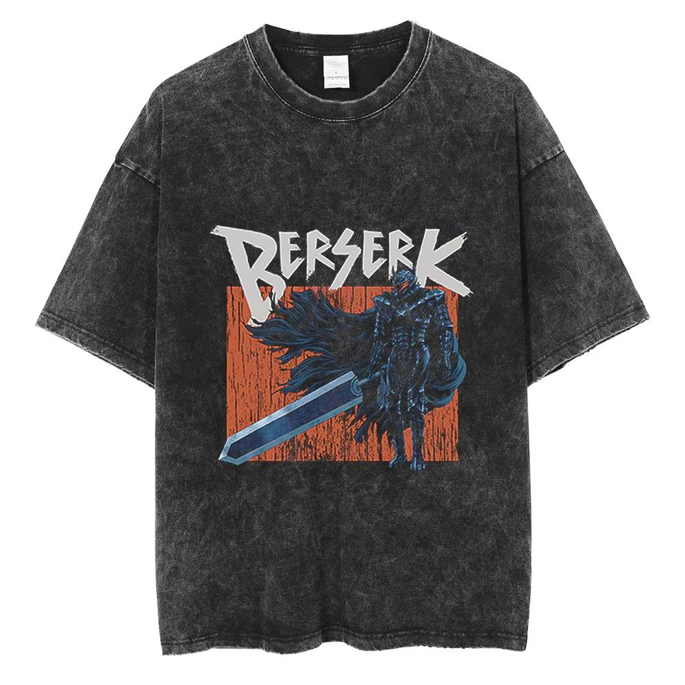 Berserk Anime Guts Charakter Vintage Gewaschenes Baumwoll-T-Shirt Retro Manga Grafik Sommer Kurzarm Locker Geschnittene Oberteile Für Männer Frauen Tägliche Freizeitkleidung