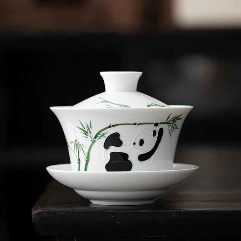 280ml Chinese Hand-painted Panda Ceramic Gaiwan White Porcelain Teacup Household Handmade Tea Bowl Travel Portable Teaware
