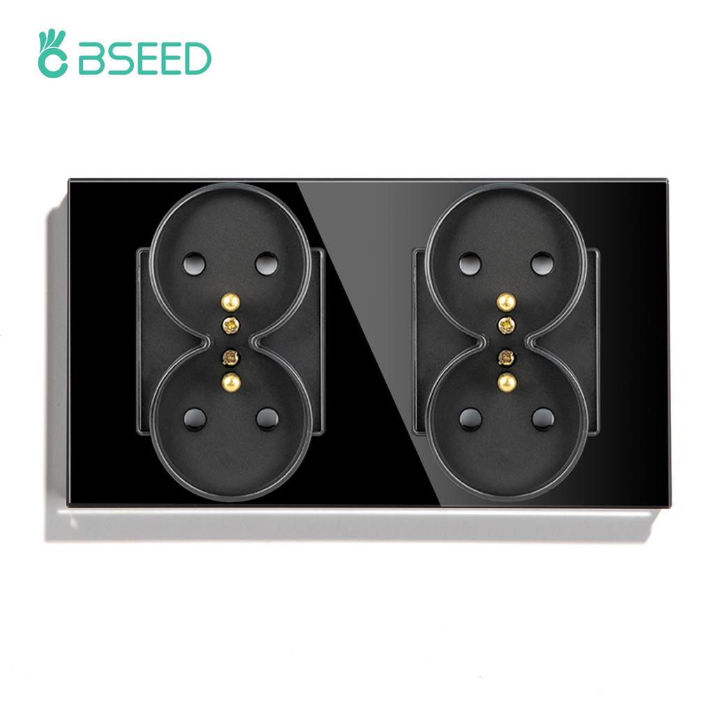 BSEED French Standard Single Wall Power Sockets Double Sockets Dual Electrical Outlets Glass Panel Children Protection 16A