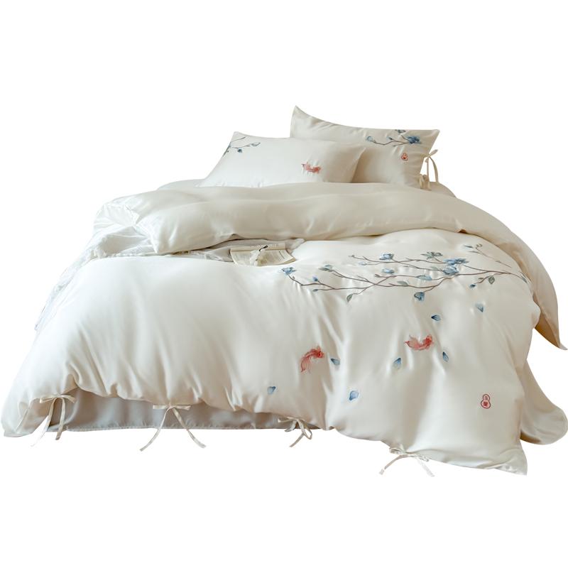 Summer Orchid Tencel Four-Piece Silk Smooth Bedding Set with Embroidered Duvet Cover