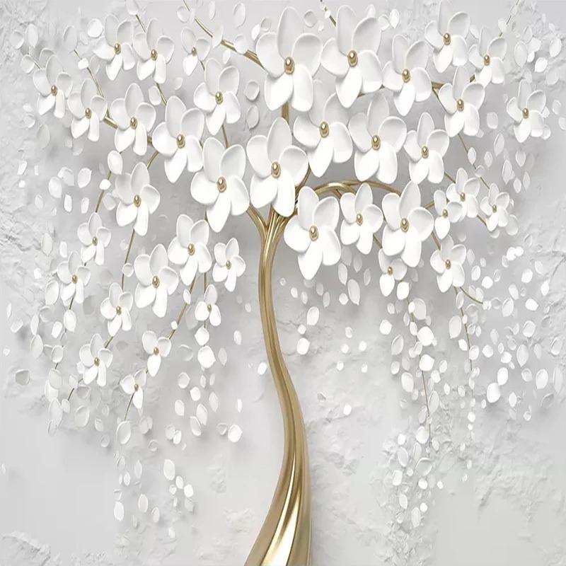 Papel Pintado Fotográfico Árbol Flores Blancas Salón Sofá Tv Dormitorio Pared de Fondo Murales Decoración del Hogar Fresco