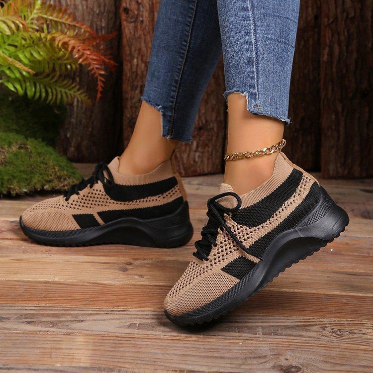 Flying Woven Mesh Casual Shoes Women's Spring and Autumn Thick-soled Color Matching Round Head Lace-up Sports Shoes Women