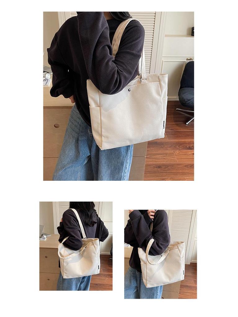 Korean Style Large Capacity Canvas Tote Bag - Lightweight, Solid Color, Shoulder Handbag with Print Logo