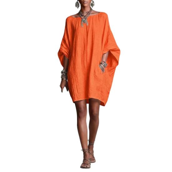 Women s Casual 46085 Sleeve Loose Dress Boat Neck Summer Mini Dress Flowy Beach M оранжевый