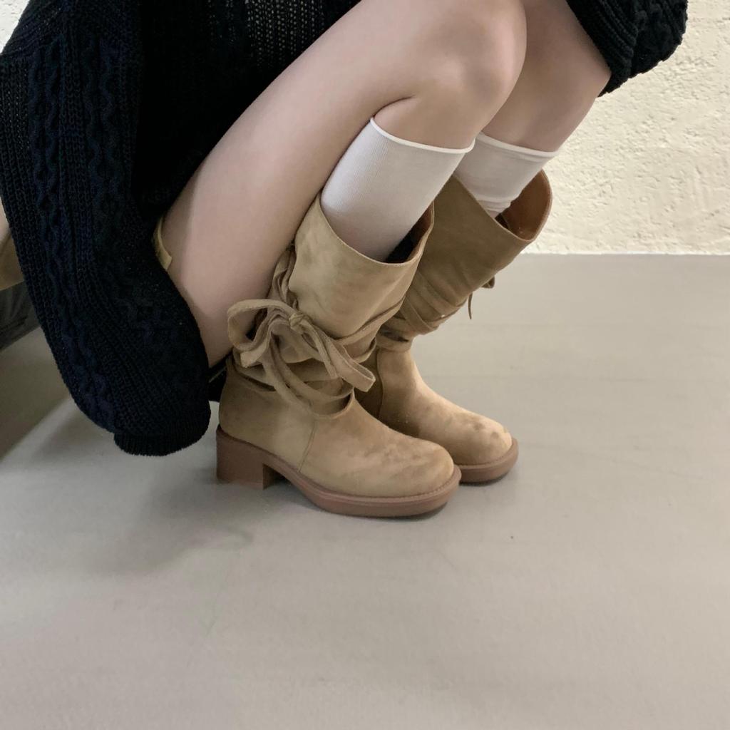 Herbst 2025 Retro Ödland Fransen Ritterstiefel Dicker Absatz aber knielange Stiefel Schlanker Schaft Mittelhohe Stiefel Damen