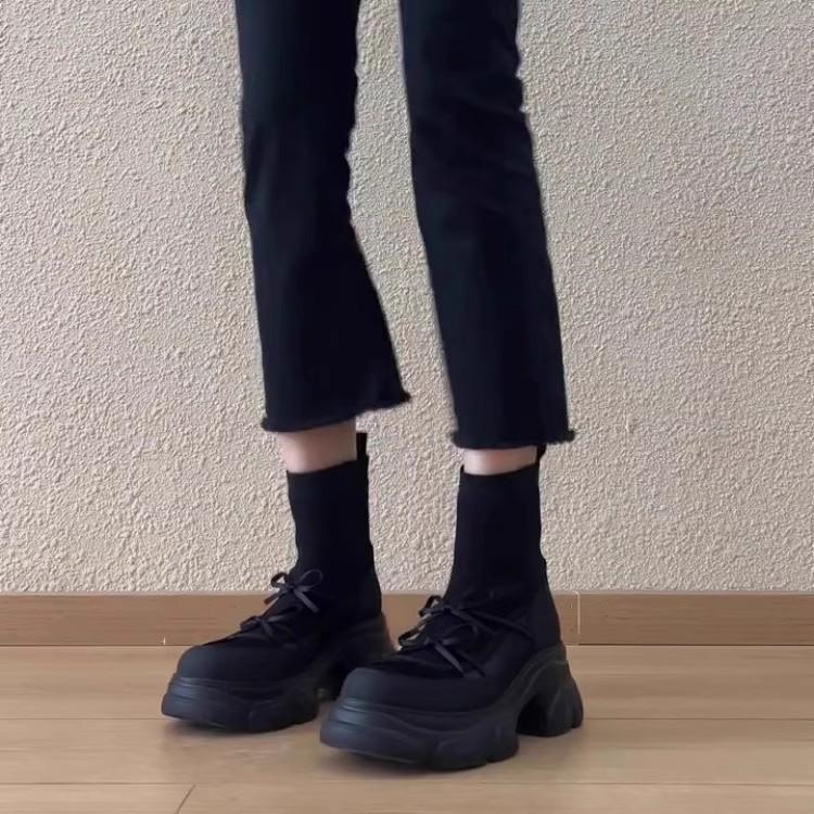 Sheepskin version~ 2025 autumn and winter new thick-soled elastic boots women's British style splicing bow muffin bottom thin boots