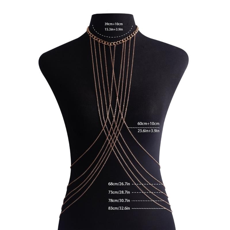 Layered Tassels Crossed Body Jewelry Gold Chest Chain For Women Music Festivals Nightclub Outings Bikini Accessories