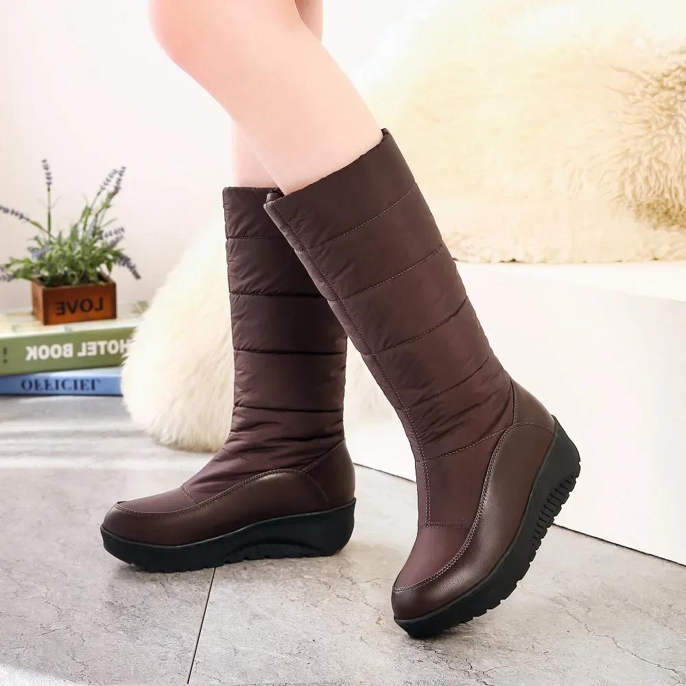 Winter Women Mid-calf Boots Warm Plush Waterproof Down Wedge Platform Snow Boots Round Toe Thick Heels Patent Leather Lady Boots