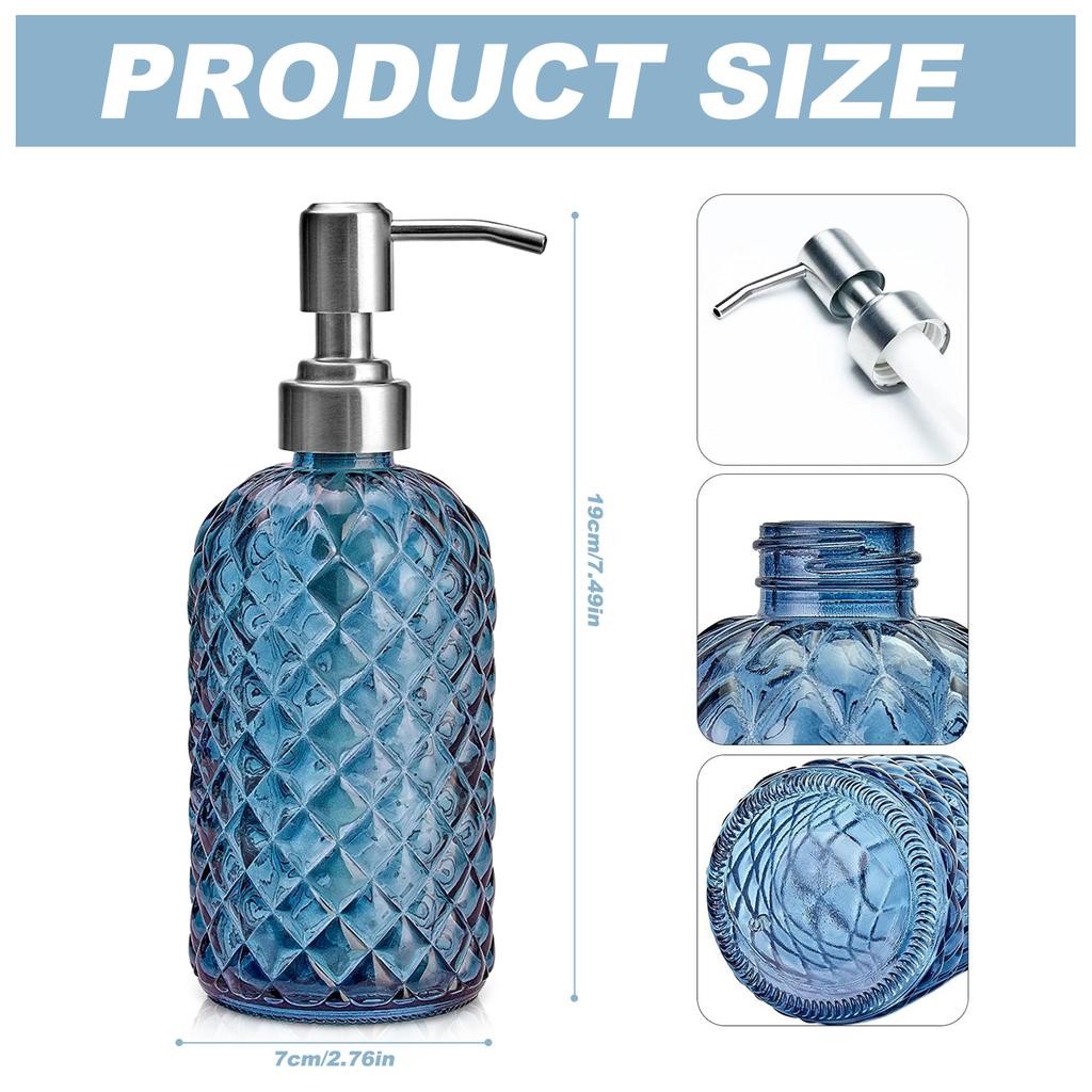 1pc 16oz Blue Soap Dispenser Bathroom, Glass Soap Dispenser with Pump, Gem Patterned Glass Soap Dispenser for Hand Soap