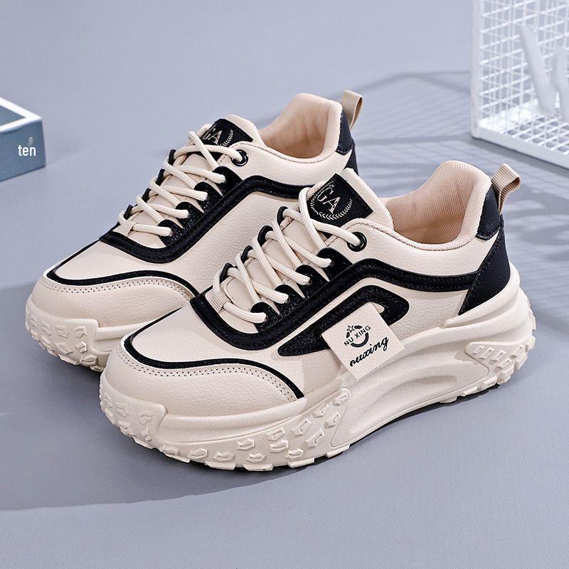 Жіночі кросівки в корейському стилі на осінь 2023: Шкіра, Товста підошва, Збільшення зросту, Повсякденні кросівки для бігу