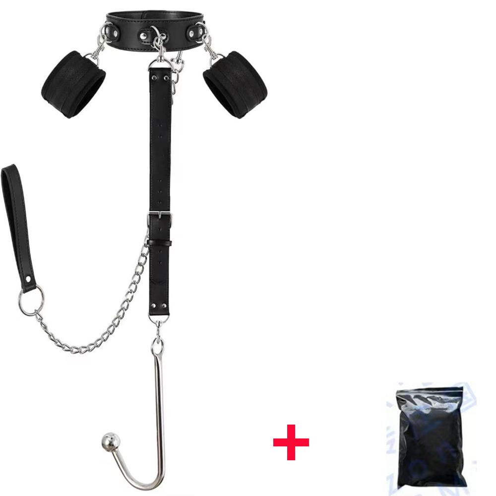 SM Sex Toy Hand Sex Toy with Traction Chain Black Faux Leather Body Restraint Tool Handcuffs and Collar Anal Metal Hook Prop