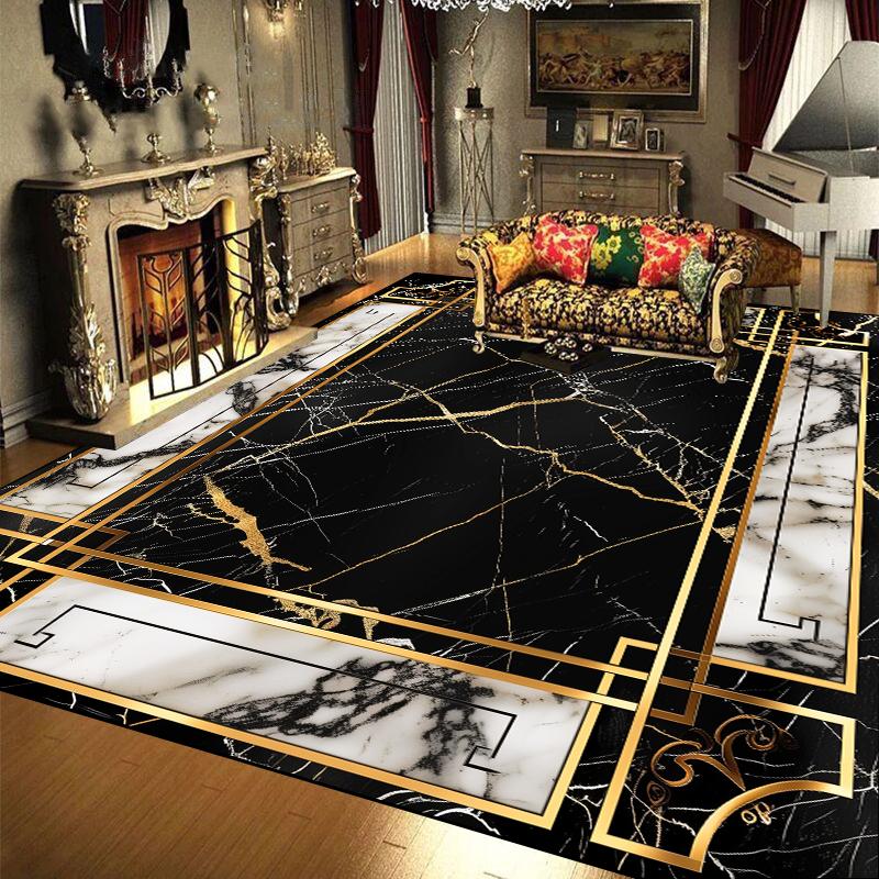 European Luxury Large Area Carpets Living Room Black Gold Marble Style Decoration Sofa Area Rugs for Bedroom Floor Mat Anti-slip