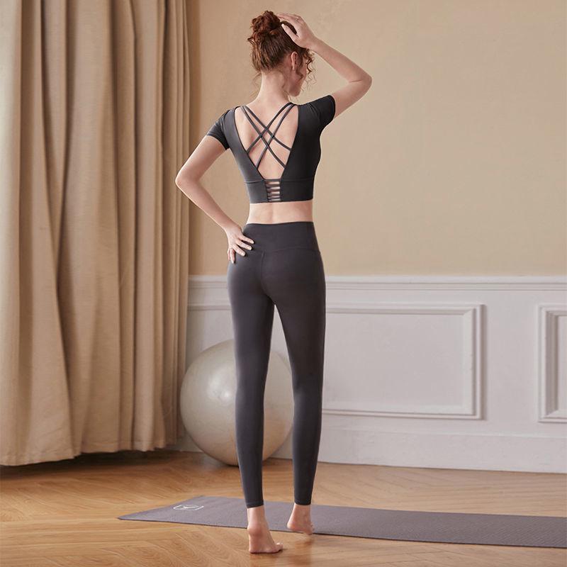 Women's Red Short Sleeve Slimming Yoga Top & Quick-Dry Running Fitness Set