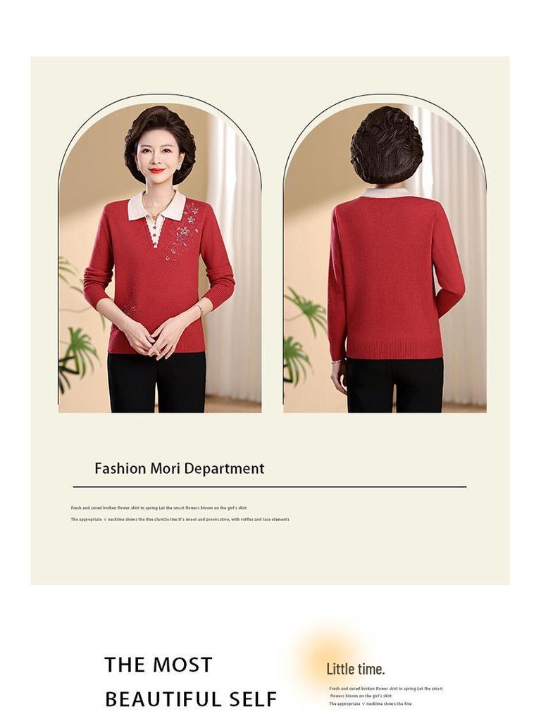 Elegant Embroidered Knit Lapel Sweater for Middle-Aged & Elderly Women - Autumn/Winter Style