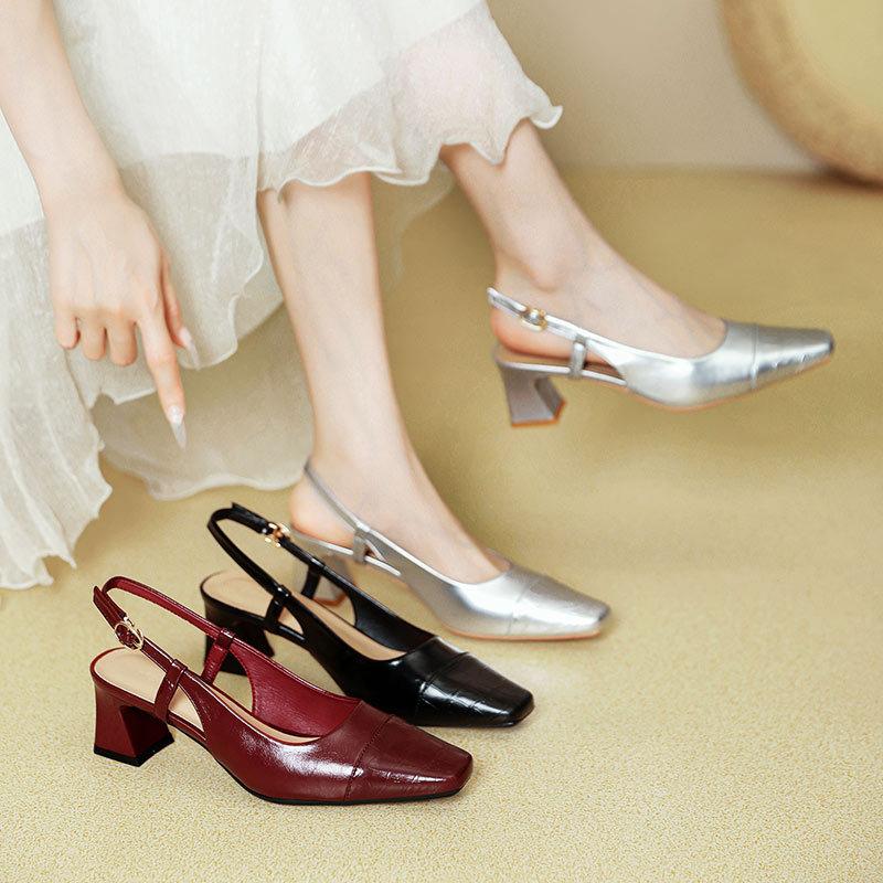 French one-word buckle high heels thick heel this year bag head sandals summer square head rear air heel single shoes cm argento