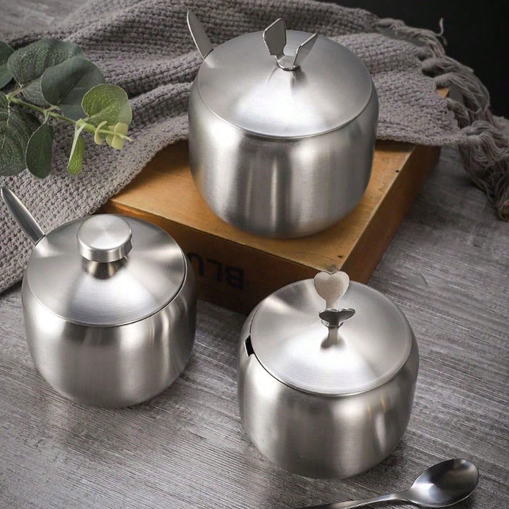 Stainless Steel Seasoning Jar Set with Spoon - Gold Kitchen Condiment Containers for Salt, Pepper, Sugar & Spices - Bbq & Restaurant Essentials
