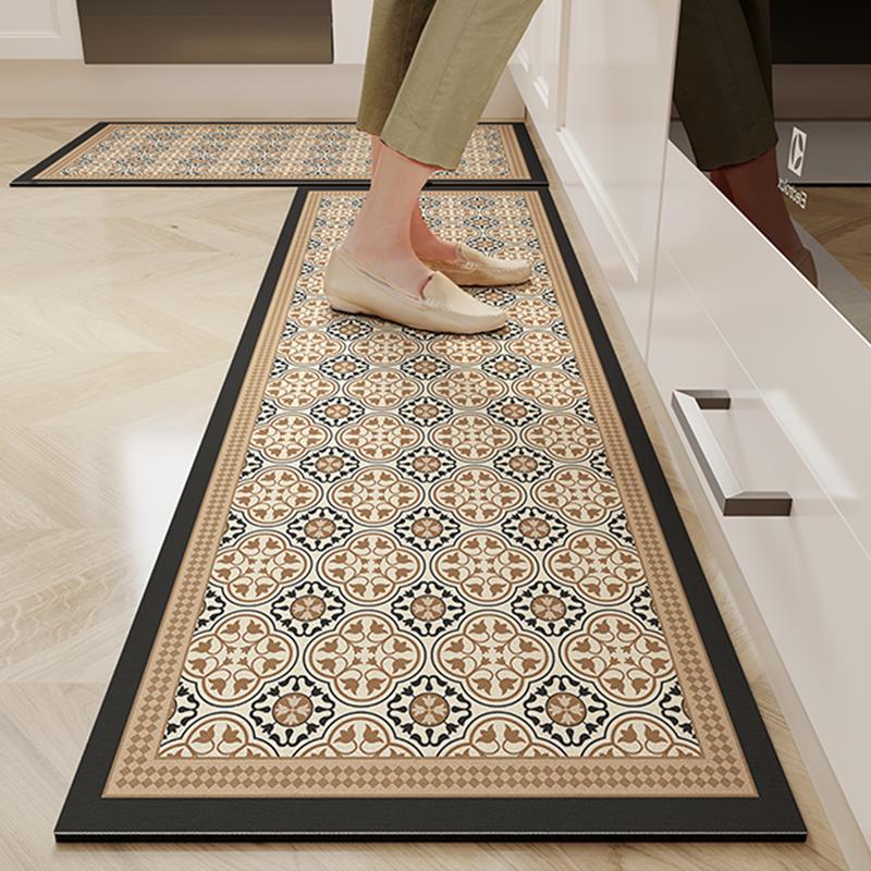 Kitchen Floor Mat Anti-Slip Oil-Proof Erasable Carpet Leather Pvc Waterproof Rug Beige Pattern Texture Home Decor Mats