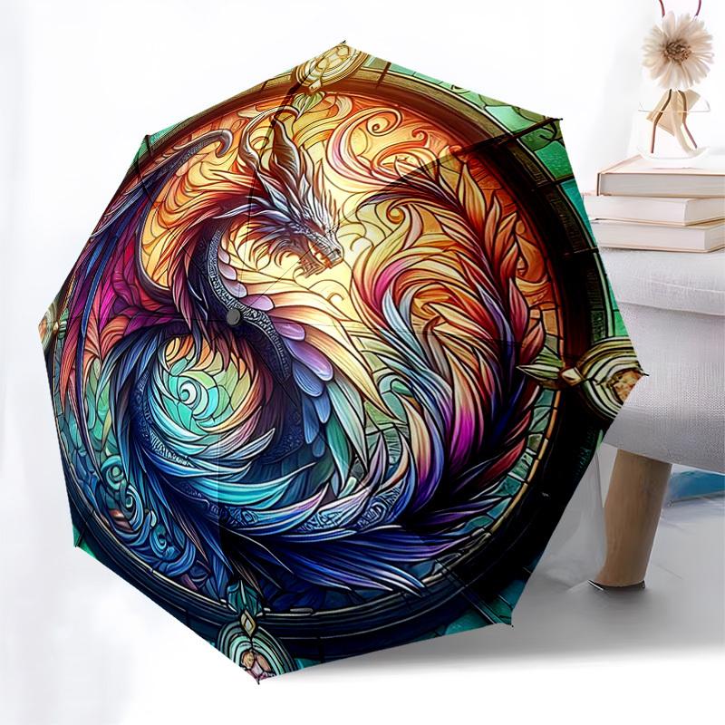 

1pc Stained Glass Dragon Design Automatic Opening/Closing Umbrella - Portable Tri-Fold Design with 8-Bone Iron Frame, Outdoor, Ideal Gift for Fans, Tr
