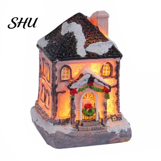 Desktop Christmas House Ornament Glowing Romantic Warm Lighting Resin Craft Small Glow LED Snow Covered Decoration Figurine Statue Party Festival Gift