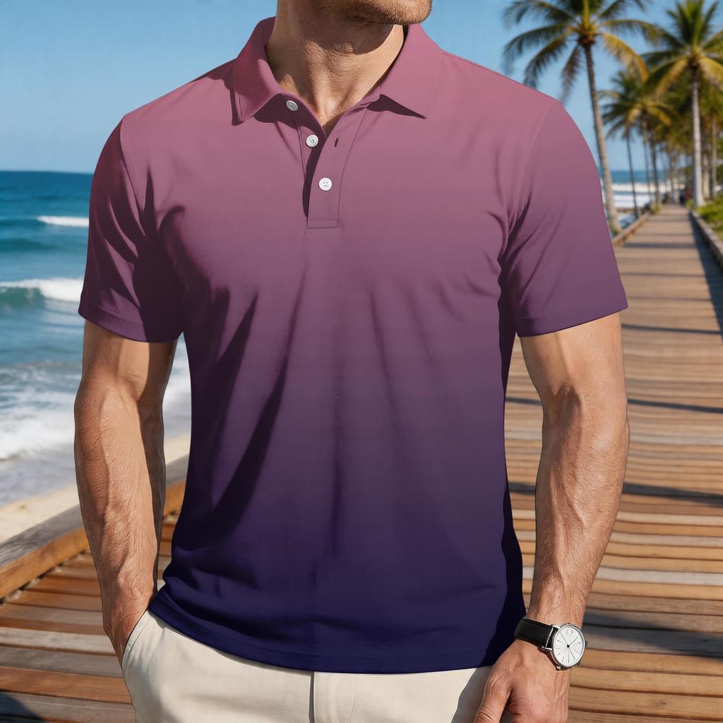 Men’s Loose Fit Casual Gradient Print Short Sleeve Polo Shirt with Turn Down Collar Soft Comfortable Fabric